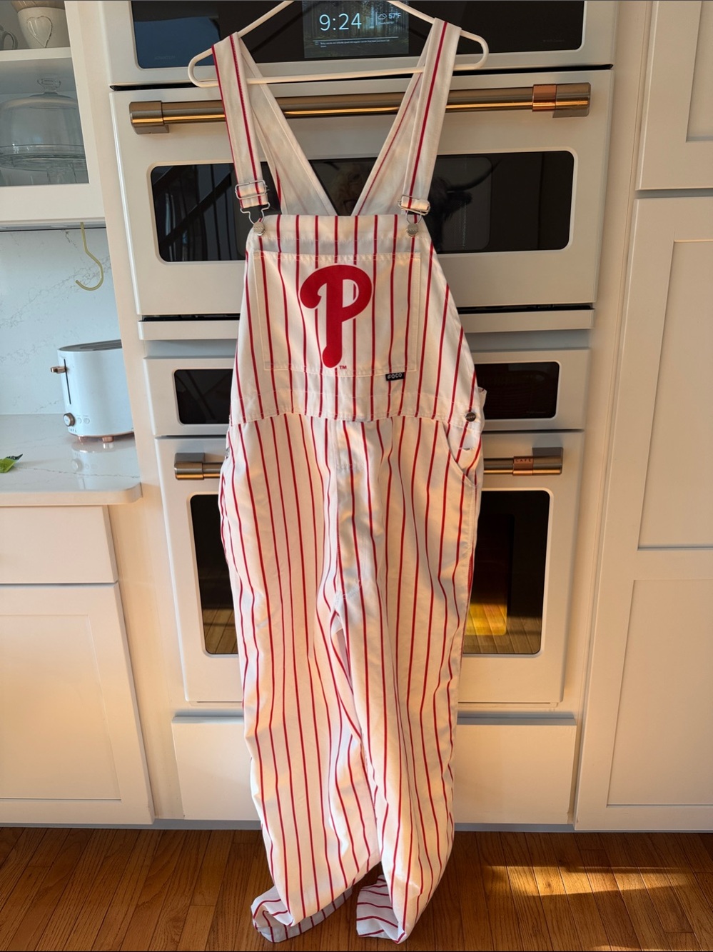 White and Red Pinstripe Men's Overalls with P Logo